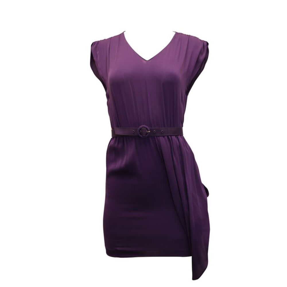 Alice + Olivia Asymmetrical Hem Dress with Belt in Purple Silk